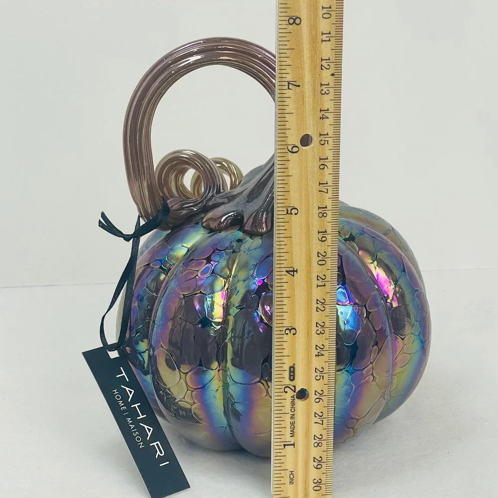 Tahari Home Iridescent Glass Pumpkin Oil Slick Rainbow Bubble Decor 7.5 Inch NEW